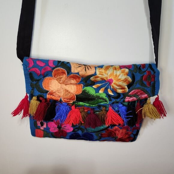 Handbags - Mexican Embroidered Floral Clutch Crossbody Purse Tassel Handmade Artesanal